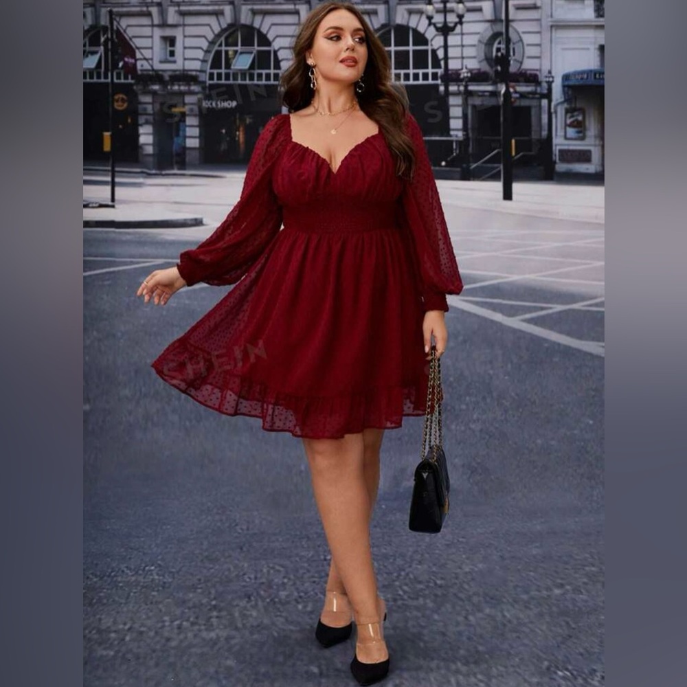Dark red, long sleeved, dress with sweetheart neckline